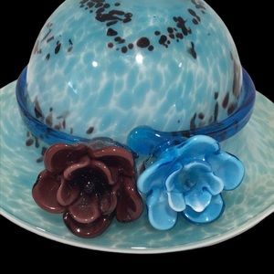 Hand blown Art Glass Bowl, Hat with Brim & Decorative Flowers, Blue/White/Brown
